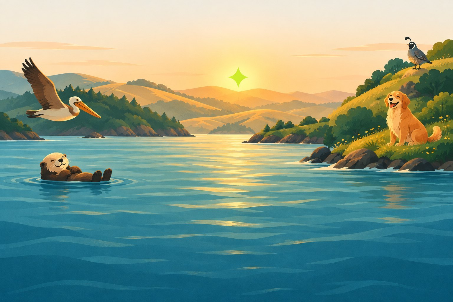 Painted sunrise over the San Francisco Bay: golden hills, a pelican gliding, a sea otter floating, a golden retriever and a California quail on the shore, and a lime-green spark rising like the sun