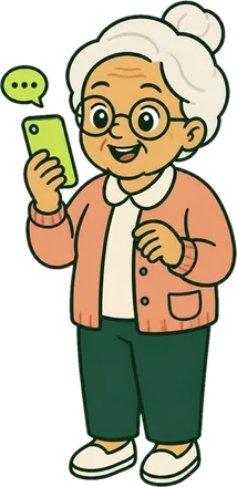 A smiling grandmother talking to her phone