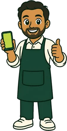 A shop owner in an apron giving a thumbs up