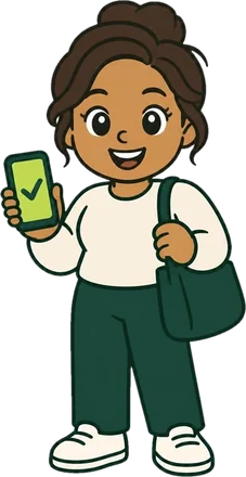 A smiling woman holding her phone